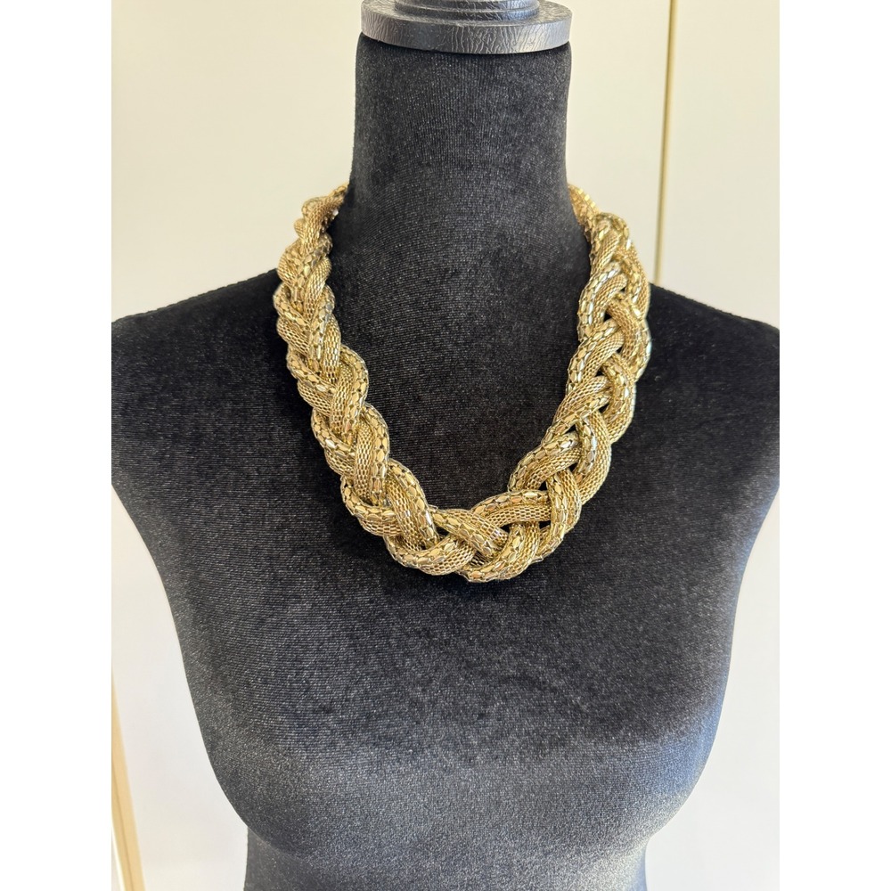 Vintage Gold Tone Chunky Braided Mesh Statement Necklace Collar Chain